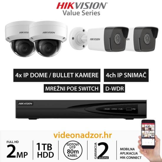 HIKVISION 2MP KOMPLET SA 4x IP KAMERE