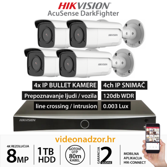 HIKVISION 8MP KOMPLET SA 4x IP ACUSENSE DARKFIGHTER KAMERE